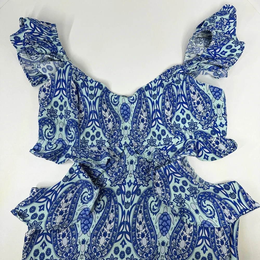 Simply Southern Blue Paisley Cut-Out Tiered Maxi Dress Womens Medium Ruffle Boho